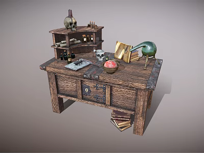 Wooden Workbench With Shelf Skull Bottles Books Drawers And Green Flask 3d model