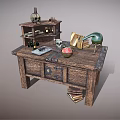 Wooden Workbench With Shelf Skull Bottles Books Drawers And Green Flask