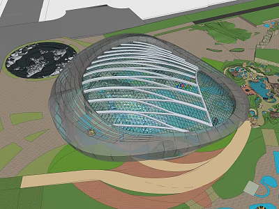 Modern Curved Architectural Design With Glass Roof Green Space And Water Features 3d model