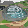 Modern Curved Architectural Design With Glass Roof Green Space And Water Features