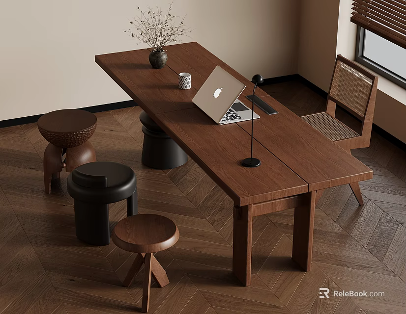 Wooden Work Desk With Laptop Lamp Vase And Stools On Herringbone Floor 3d model 