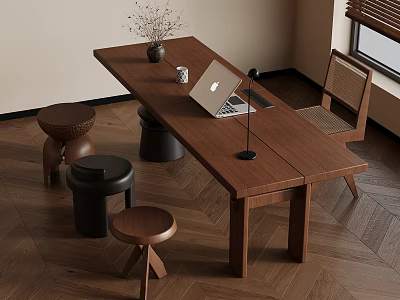 Wooden Work Desk With Laptop Lamp Vase And Stools On Herringbone Floor 3d model