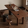 Wooden Work Desk With Laptop Lamp Vase And Stools On Herringbone Floor