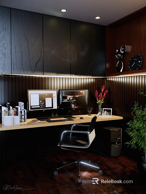 Modern Office Desk With Dual Monitors Stationery Items Black Chair And Green Plant 3d model 