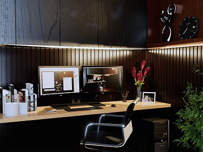 Modern Office Desk With Dual Monitors Stationery Items Black Chair And Green Plant 3d model