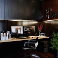 Modern Office Desk With Dual Monitors Stationery Items Black Chair And Green Plant