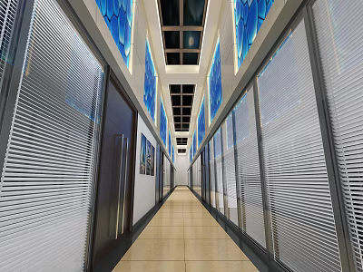 Modern Office Hallway Interior With Blue Decorative Panels Glass Partitions And Vertical Blinds 3d model