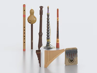 Collection of Traditional Musical Instruments Featuring Flute Lute Harp Panpipes and Gourd Shaped 3d model