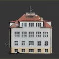 Multi Story Red Roof Building With White Yellow Exterior Many Windows Green Lawn And Pool