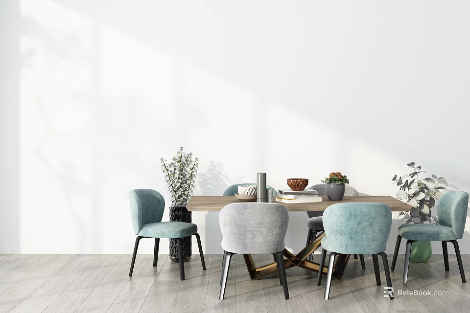 Modern Dining Table Set With Light Blue Gray Chairs And Decorative Plants 3d model