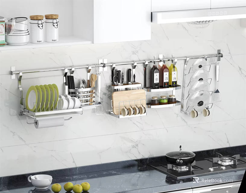 Wall Mounted Kitchenware Rack With Plates Knives Spice Bottles And Utensils 3d model 
