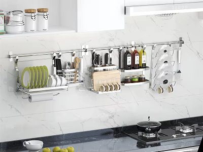Wall Mounted Kitchenware Rack With Plates Knives Spice Bottles And Utensils 3d model