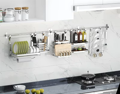 Wall Mounted Kitchenware Rack With Plates Knives Spice Bottles And Utensils 3d model
