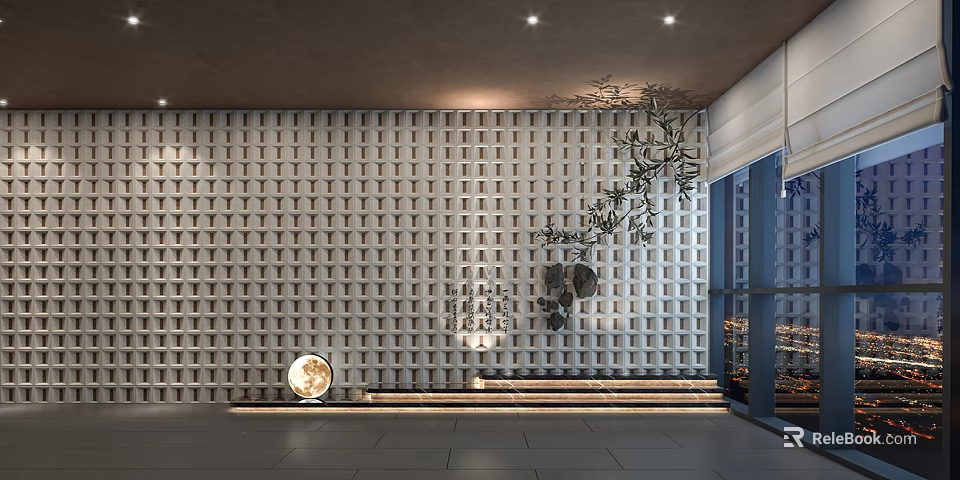 Stylish Indoor Garden Decor With Grid Patterned Wall Olive Branch And Stepped Platform 3d model