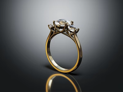 Elegant Gold Diamond Ring Featuring Central Stone And Side Accents On Dark Surface 3d model