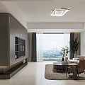 Modern Living Dining Room Interior With TV Wall Sofa Potted Plant And Curtains