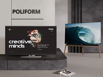 Dual Poliform TVs Display Creative Minds And Ocean Wave On Black Platform With Stand 3d model