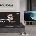 Dual Poliform TVs Display Creative Minds And Ocean Wave On Black Platform With Stand
