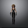 Woman with brown short hair wearing black tight outfit and ripped pants with black gloves