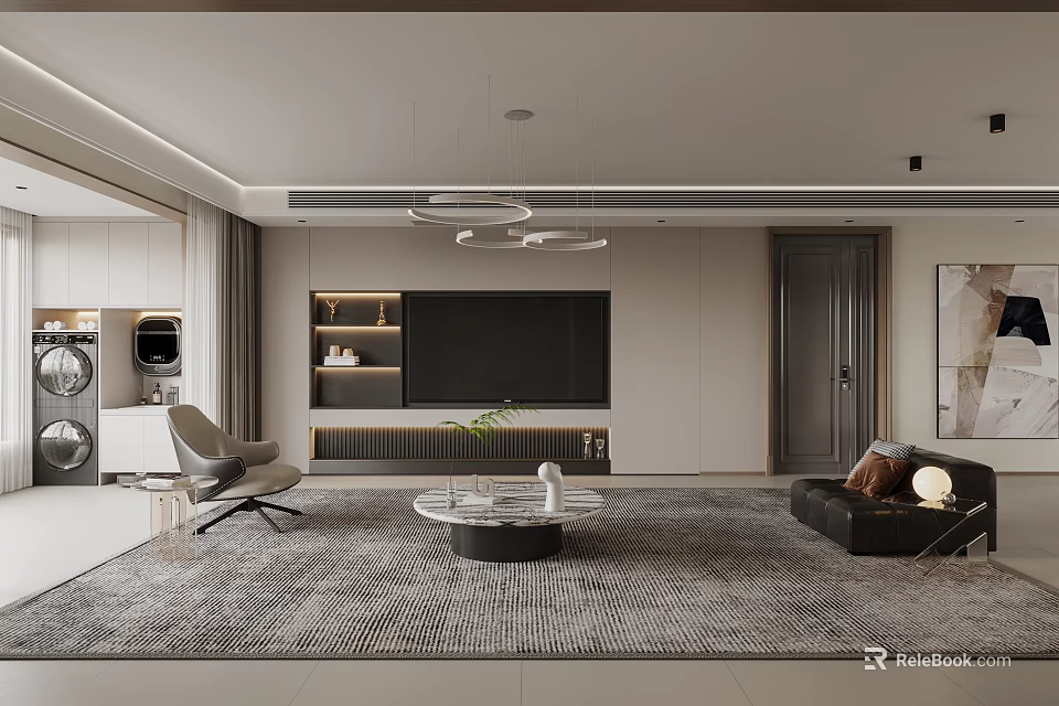 Modern Living Room Interior With Large TV Area Rug Sofa Coffee Table And Chandelier 3d model 