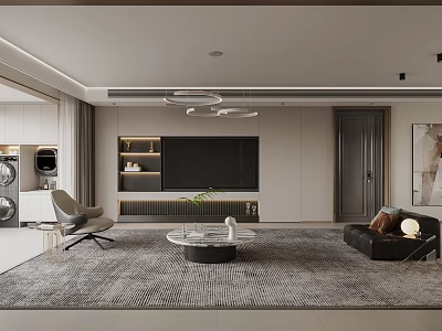 Modern Living Room Interior With Large TV Area Rug Sofa Coffee Table And Chandelier 3d model