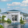 White Exterior Detached Villa with Blue Roof Balcony and Pink Flowering Trees Greenery