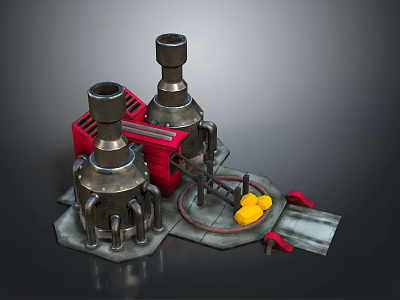 Two Large Industrial Equipment Units With Red Base Metal Pipes And Yellow Components 3d model