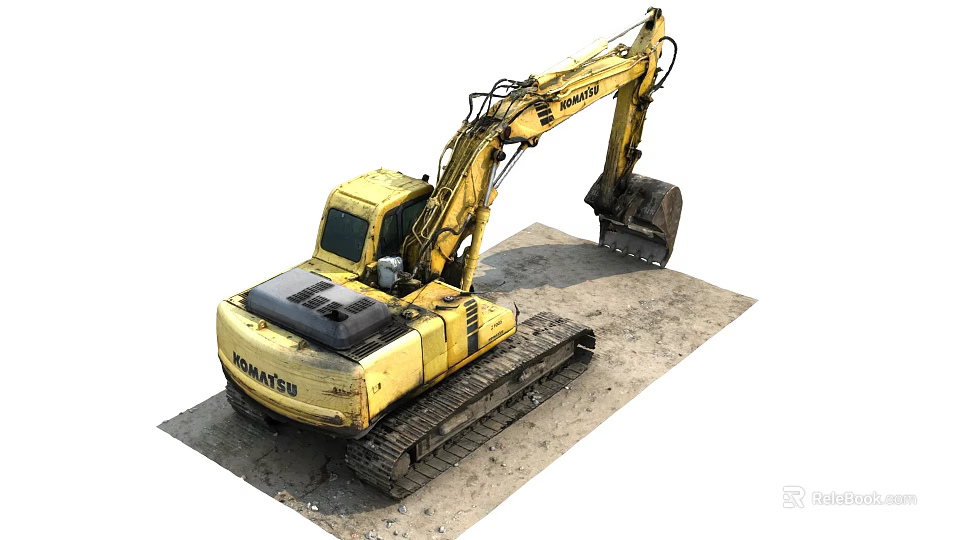 Yellow Komatsu Tracked Excavator With Digging Arm And Bucket On Ground 3d model 