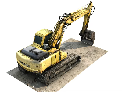 Yellow Komatsu Tracked Excavator With Digging Arm And Bucket On Ground 3d model