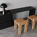 Two Wooden Stools In Modern Interior With Black Console Table And Lamp 3d model