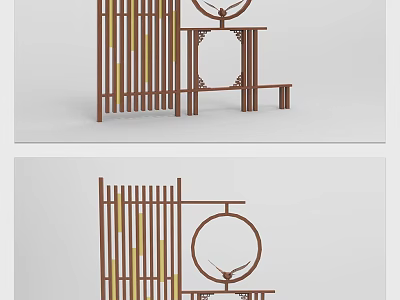 Traditional Wooden Slatted Room Divider With Circular Decor And Shelf Design 3d model