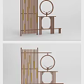Traditional Wooden Slatted Room Divider With Circular Decor And Shelf Design