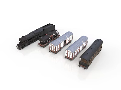 Black Locomotive Train With Multiple Covered Freight Cars And Metal Frames 3d model Black Locomotive Train With Multiple Covered Freight Cars And Metal Frames 3d model