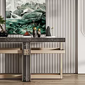 Elegant Modern Console Table Interior With Chinese Landscape Painting Bonsai And Decorative Items 3d model