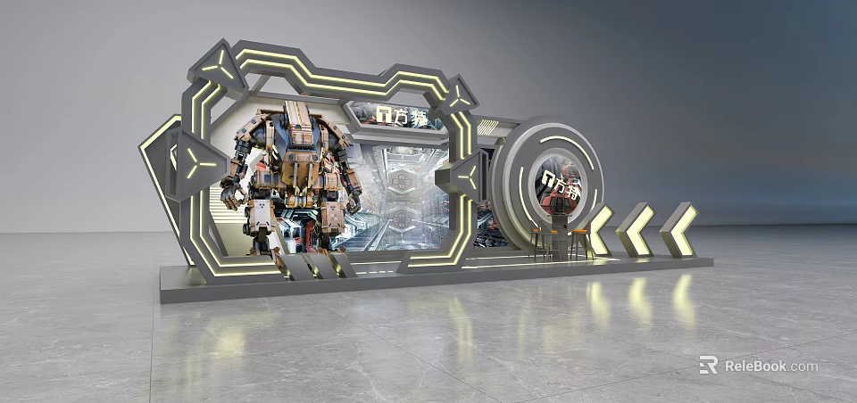 Futuristic Tech Exhibition Area With Mechanical Armor Illuminated Lines And Metallic Display Booth 3d model 