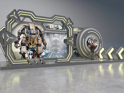 Futuristic Tech Exhibition Area With Mechanical Armor Illuminated Lines And Metallic Display Booth 3d model