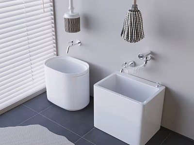 White Bathroom Accessories With Mop Sink Wash Basin And Cleaning Tools On Gray Tiled Floor 3d model
