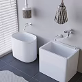White Bathroom Accessories With Mop Sink Wash Basin And Cleaning Tools On Gray Tiled Floor