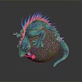 Game Movie Fantasy Character With Blue Body Orange Spikes Lying On Textured Sphere
