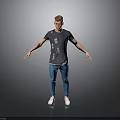 Man in Gray T-shirt Blue Jeans White Sneakers with Arms Outstretched against Gray Gradient