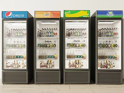 Four Upright Commercial Beverage Refrigerators With Brand Logos And Filled Drinks 3d model