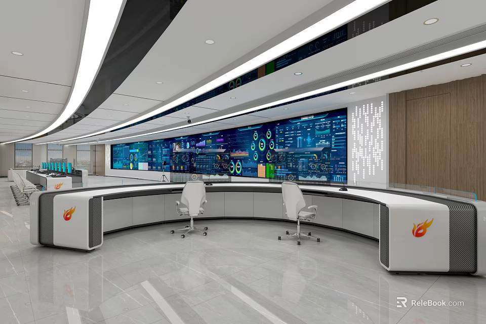 Modern Control Room Featuring Large Screens Data Charts Curved Console Desk and White Chairs 3d model 