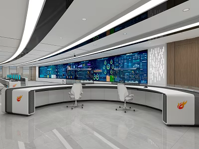 Modern Control Room Featuring Large Screens Data Charts Curved Console Desk and White Chairs 3d model