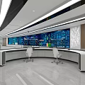 Modern Control Room Featuring Large Screens Data Charts Curved Console Desk and White Chairs