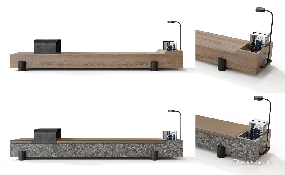 Modern Reception Desk Design With Wooden Surface Table Lamp And Stone Base 3d model