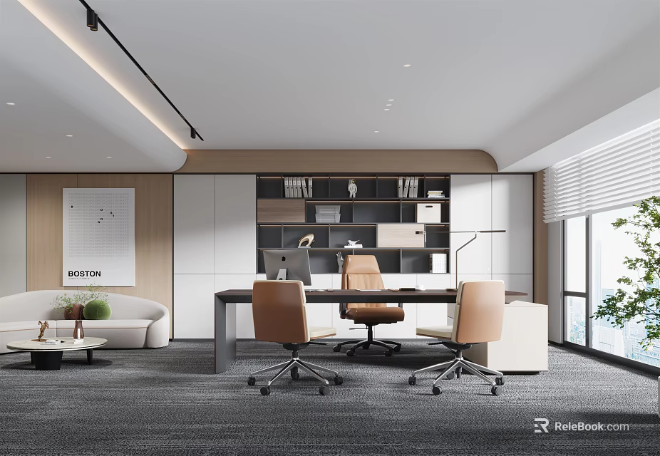 Modern Office Interior Design With Desk Office Chairs Bookshelf And Sofa 3d model