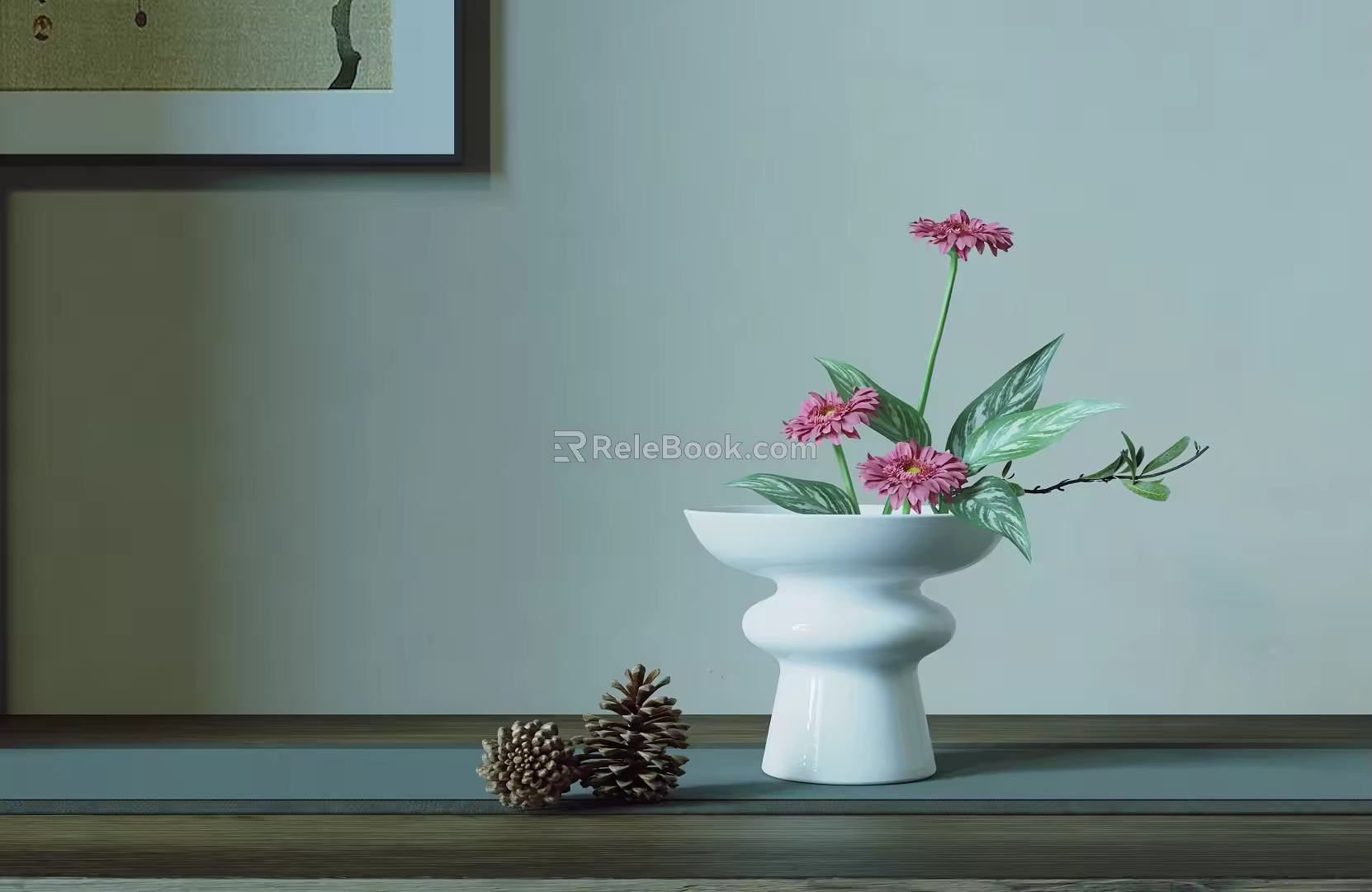 New Chinese Style Flower-arranging Vase Ornaments Combination Japanese Style Flower-arranging Pine Tower Gerbera Flower Art Small Original Flow 3d model