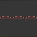 Red Bridge Model With Triple Arch Design And Reflection On Gray Background