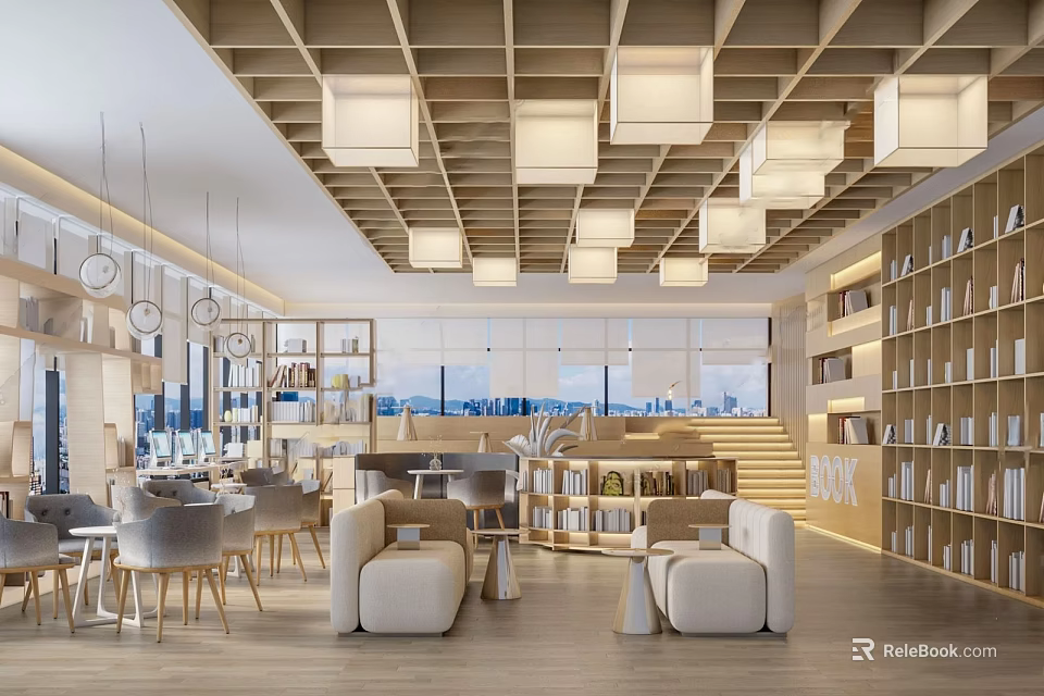 Modern Art Bookstore Interior with Wooden Bookshelves Cozy Seating and Elegant Lighting 3d model 