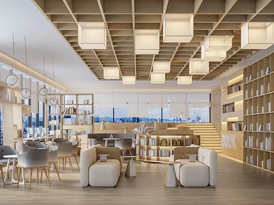 Modern Art Bookstore Interior with Wooden Bookshelves Cozy Seating and Elegant Lighting 3d model